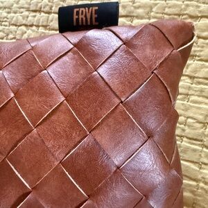 FRYE Woven Leather Throw Pillow | Cognac Brown | Genuine Leather | 20x14